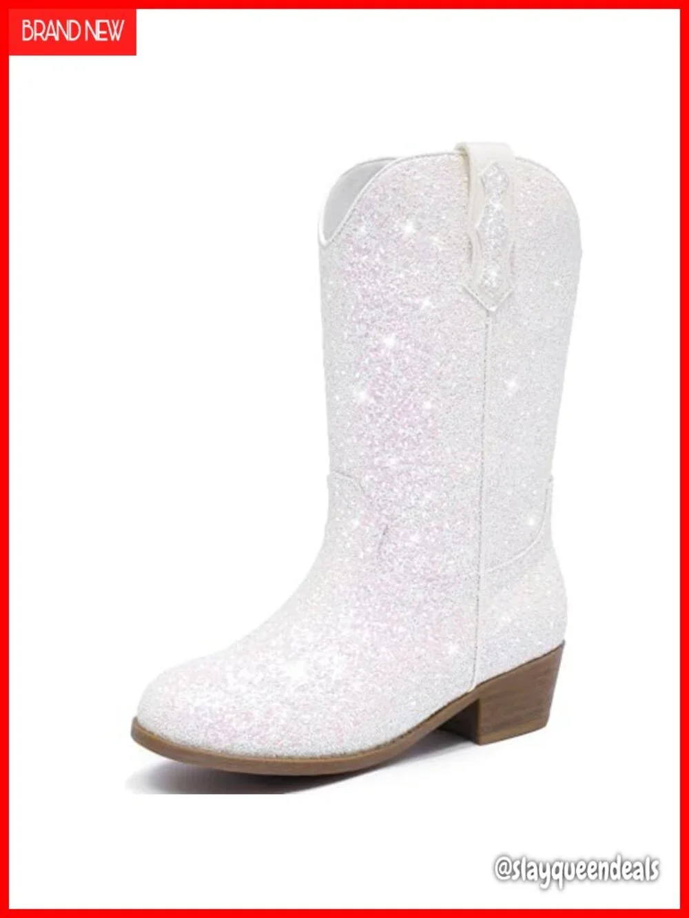 Girls Glitter Cowgirl Boots Pointed Toe Mid-Calf Block Heel